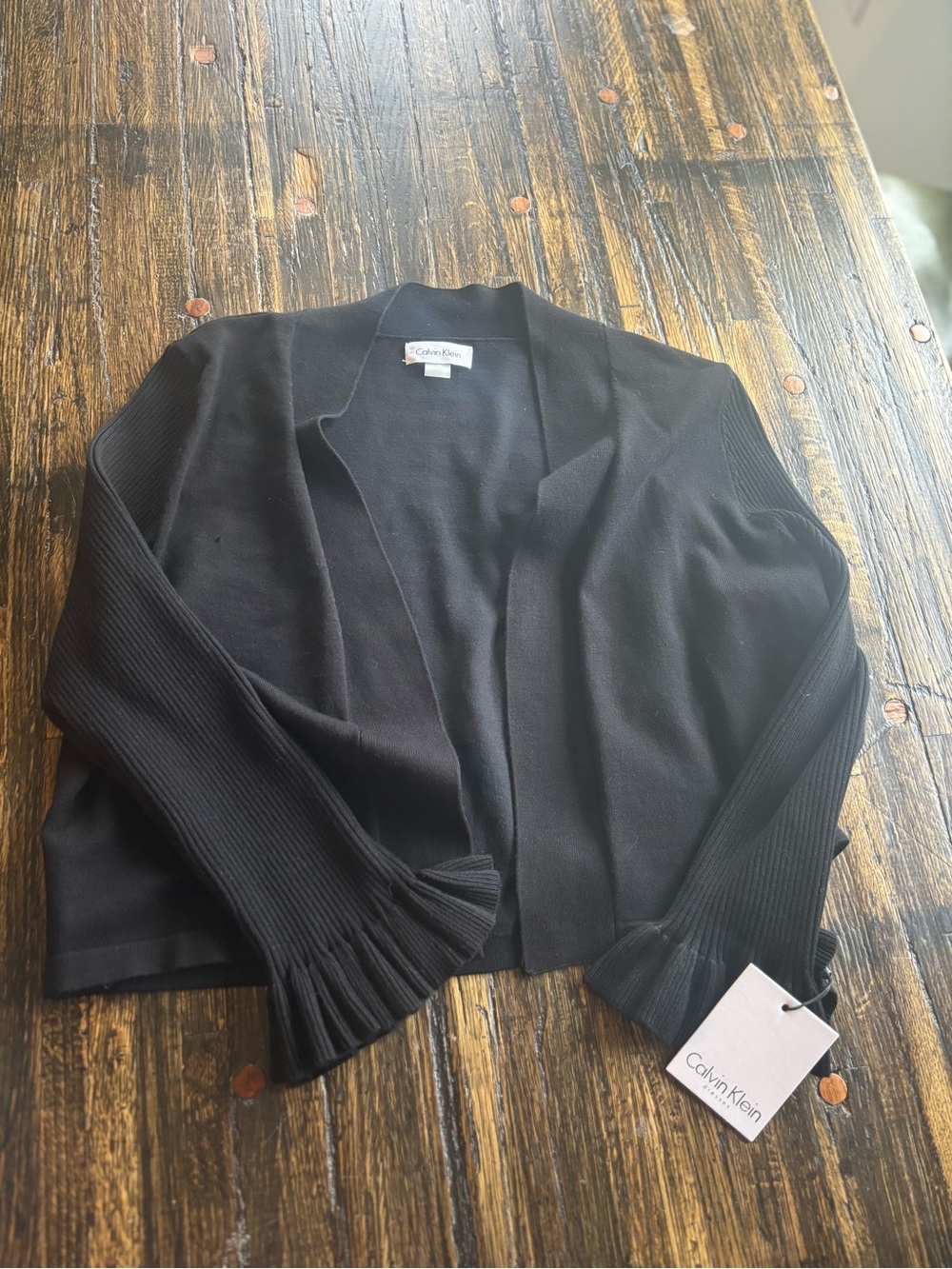 NWT Calvin Klein Womenโs Black Open-Front Ribbed Sleeve Cardigan